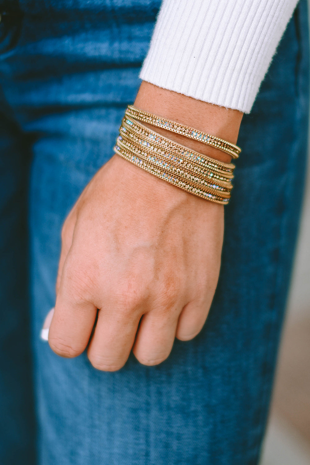 Gold Full Diamond Leather Wide Edge Magnetic Buckle Bracelet - Threaded Pear