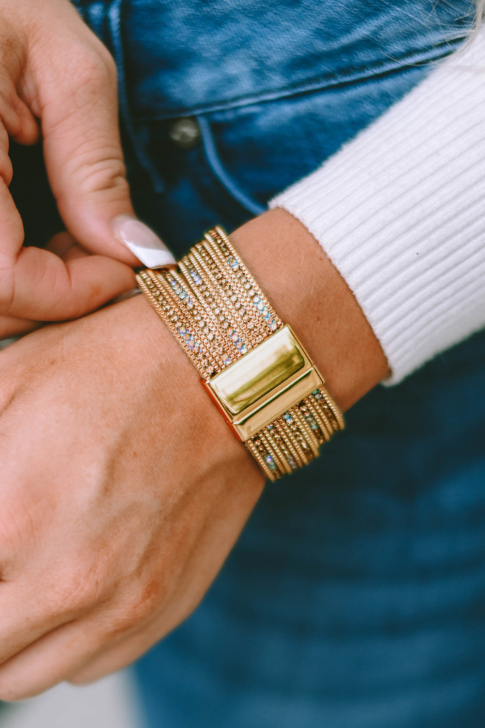 Gold Full Diamond Leather Wide Edge Magnetic Buckle Bracelet - Threaded Pear