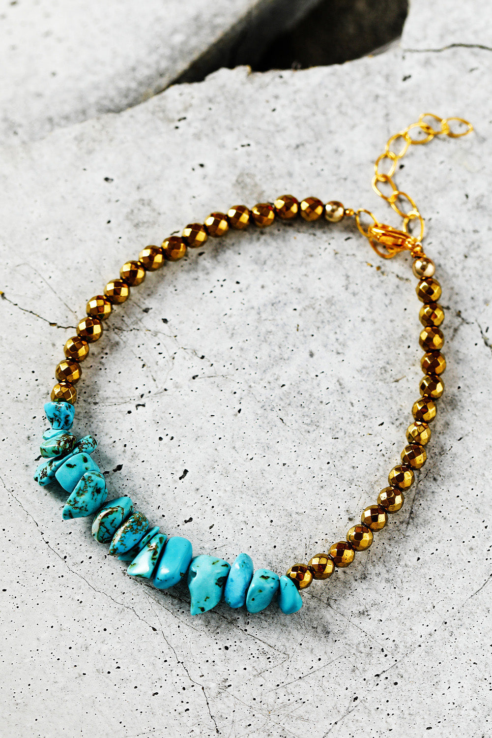 Gold Turquoise Beading Adjustable Bracelet - Threaded Pear