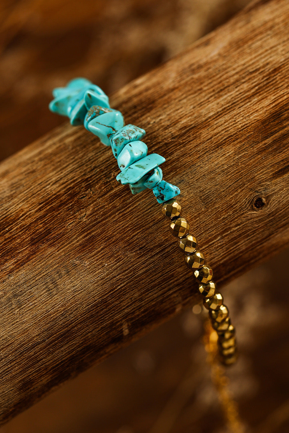 Gold Turquoise Beading Adjustable Bracelet - Threaded Pear