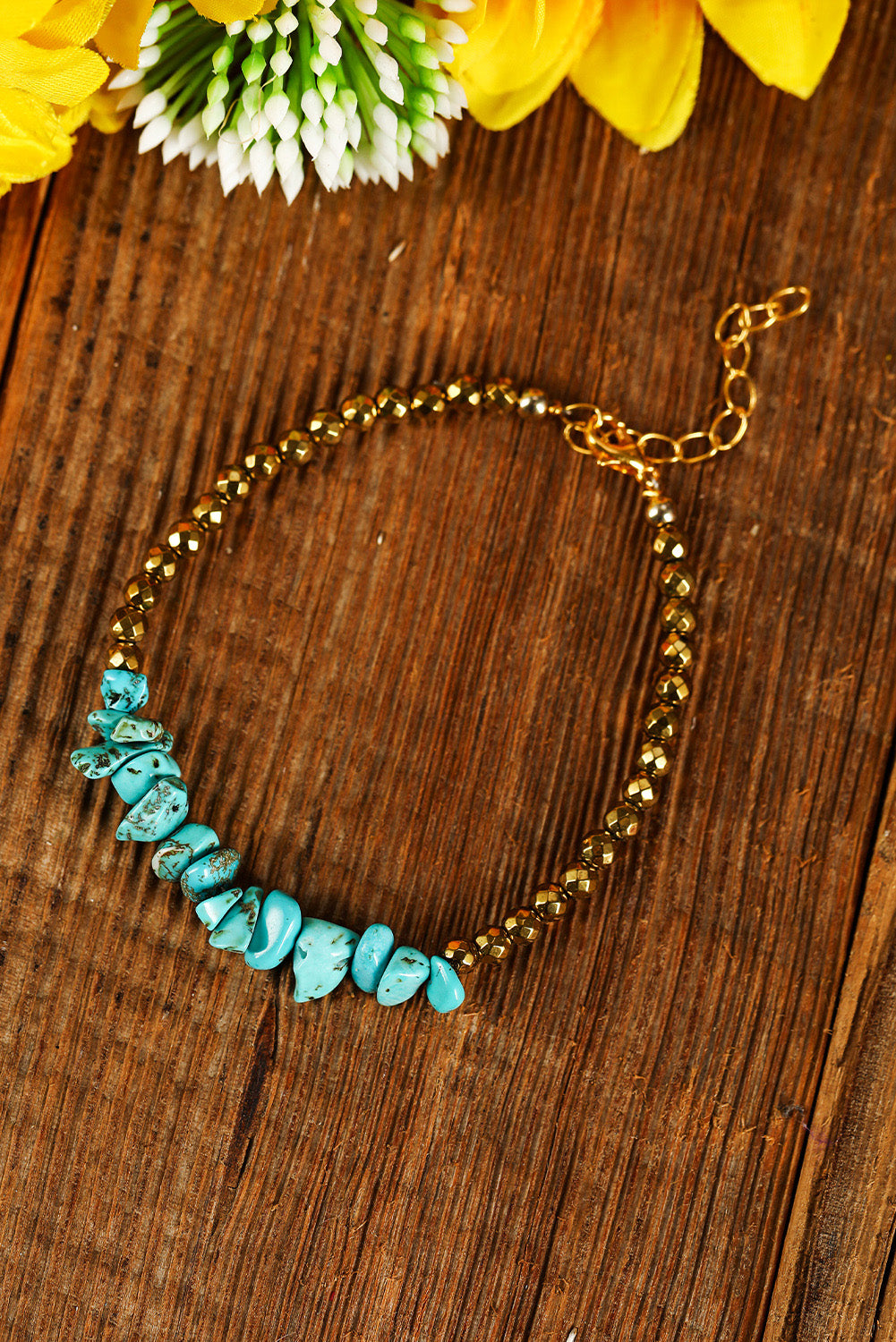 Gold Turquoise Beading Adjustable Bracelet - Threaded Pear