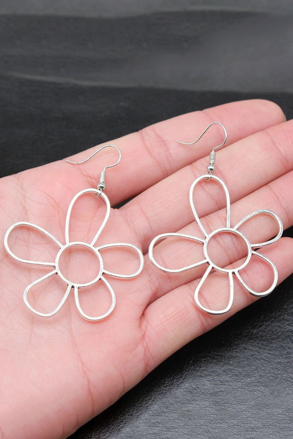 Silvery Alloy Hollowed Flower Hook Earrings - Threaded Pear