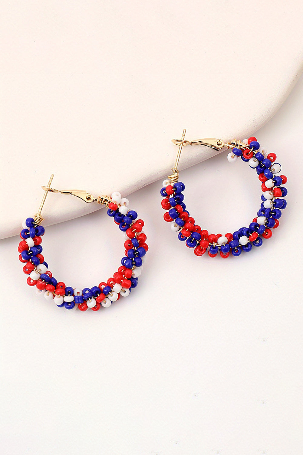 Fiery Red Flag Day Beaded Hoop Earrings - Threaded Pear