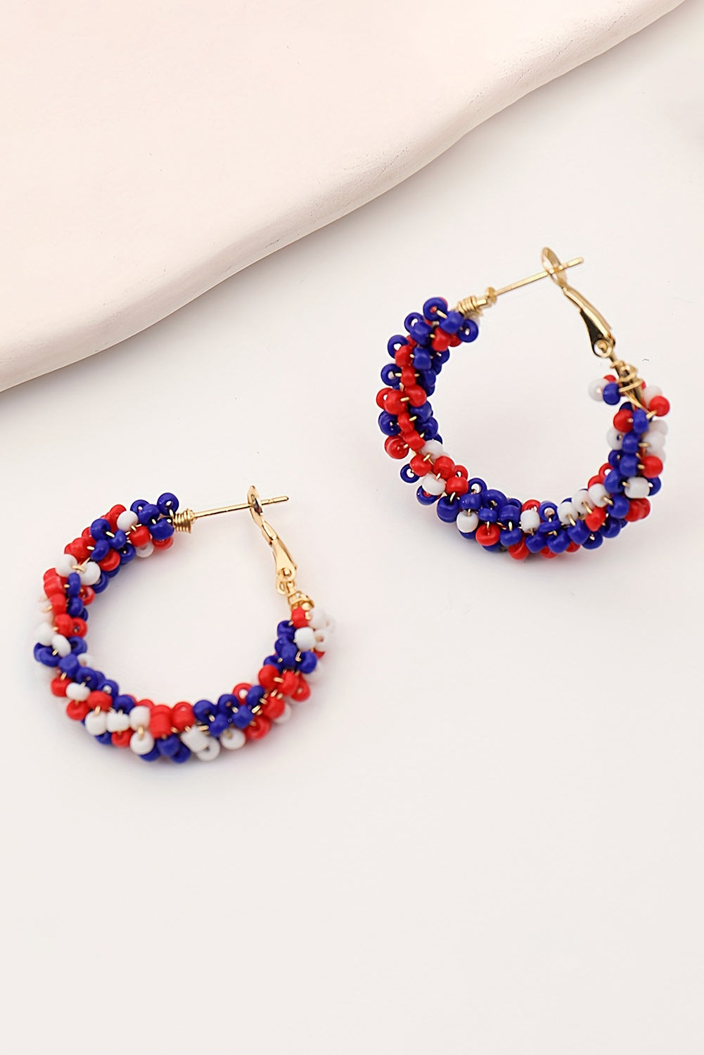 Fiery Red Flag Day Beaded Hoop Earrings - Threaded Pear