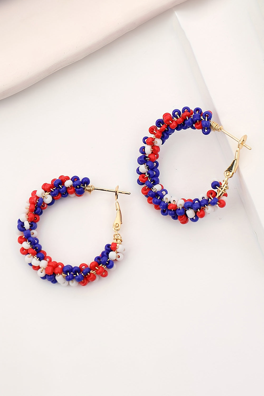 Fiery Red Flag Day Beaded Hoop Earrings - Threaded Pear