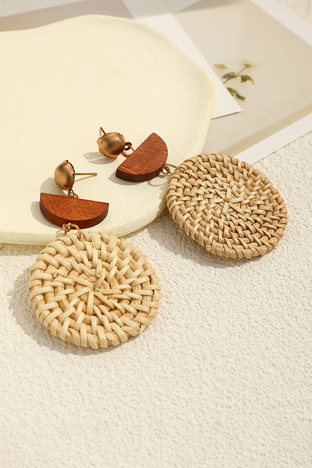 Beige Wooden Woven Disc Dangle Earrings