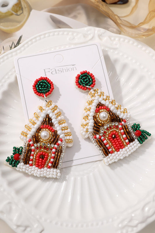 White Christmas Style House Beaded Stud Dangle Earrings