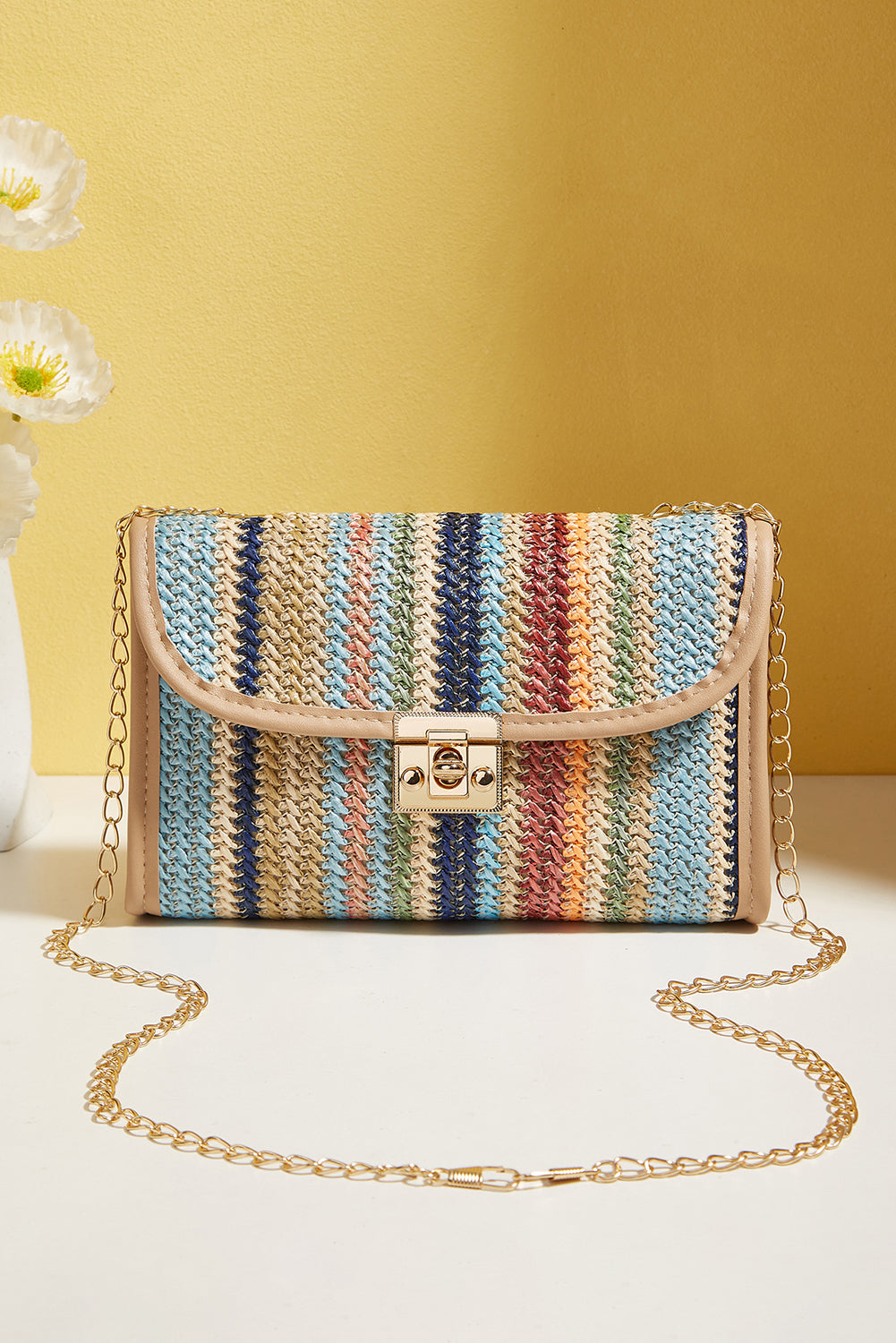 Azariah Striped Crochet Flapped Bag - Threaded Pear