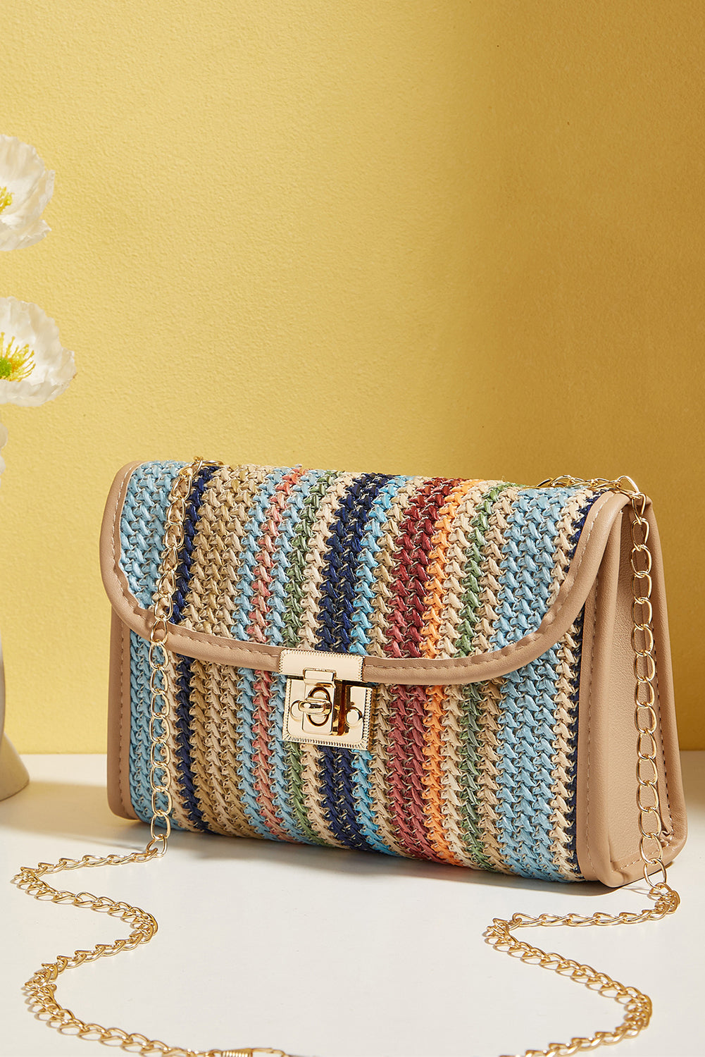 Azariah Striped Crochet Flapped Bag - Threaded Pear