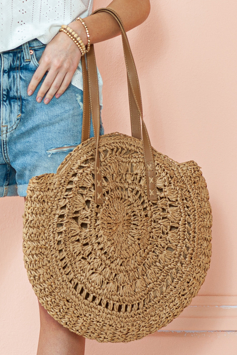 Mavis Bohemian Straw Woven Round Bag - Threaded Pear