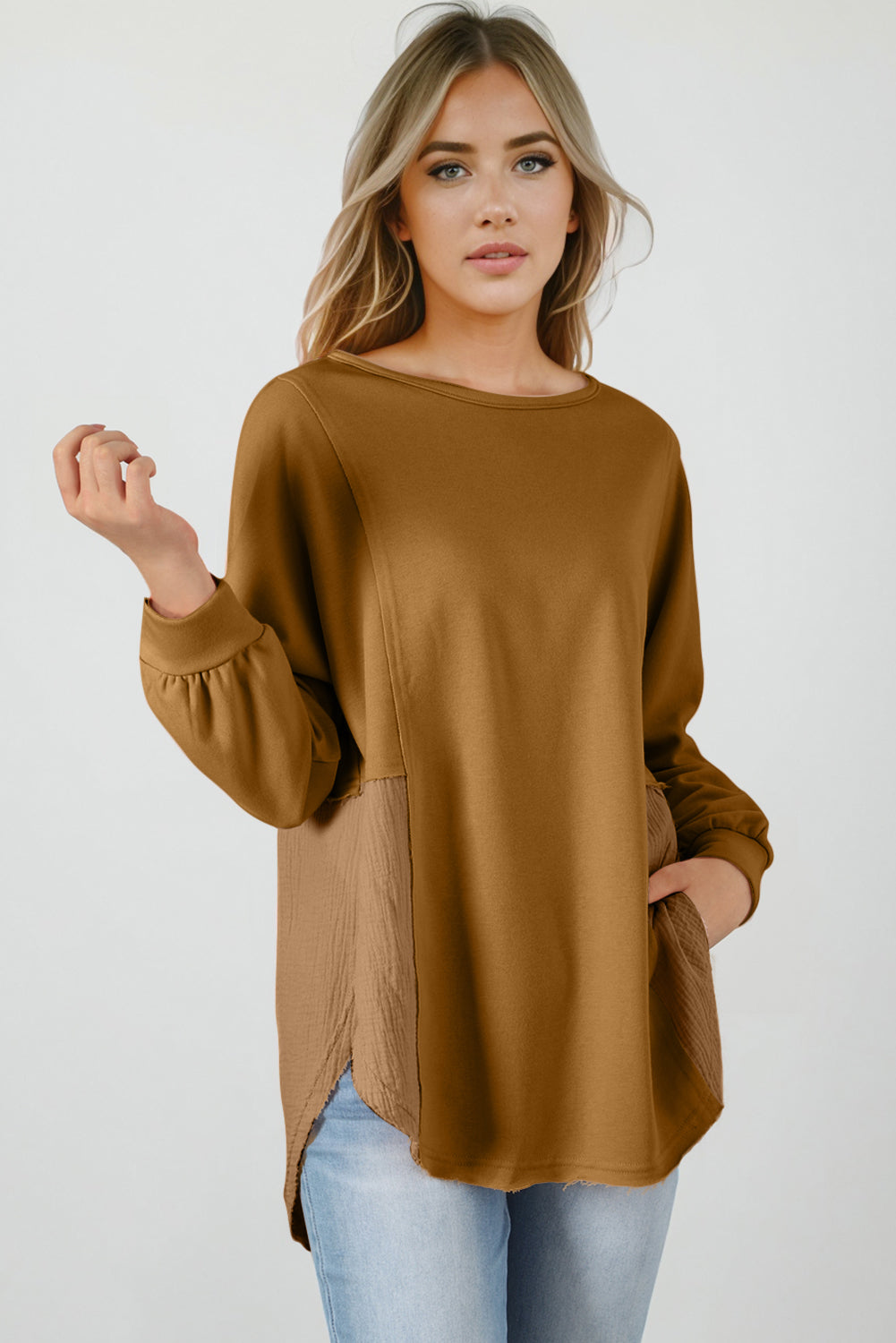 Dahlia Crinkle Splicing Raw Hem High Low Oversized Blouse - Threaded Pear