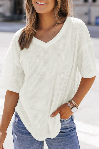 Jennifer Waffle Knit Drop Shoulder Loose Top - Threaded Pear