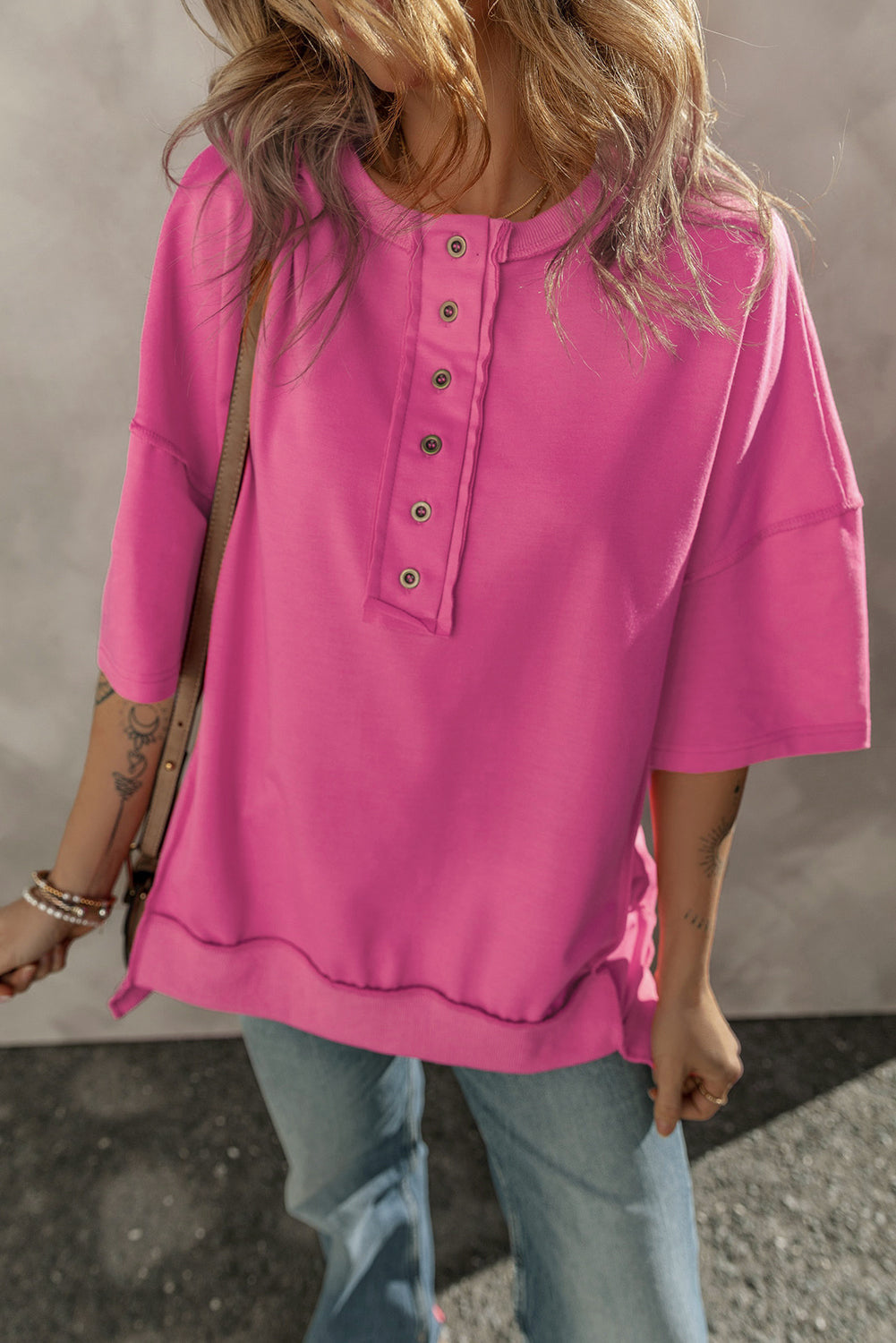 Aliana Exposed Seam Button Neck Wide Sleeve Tunic Top - Threaded Pear