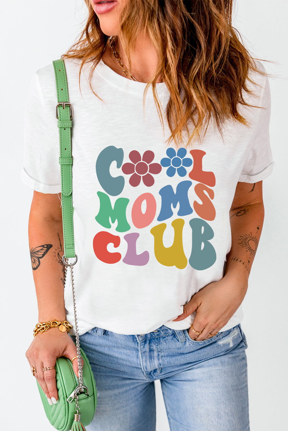 Carter COOL MOMS CLUB Flower Print Crew Neck T Shirt - Threaded Pear