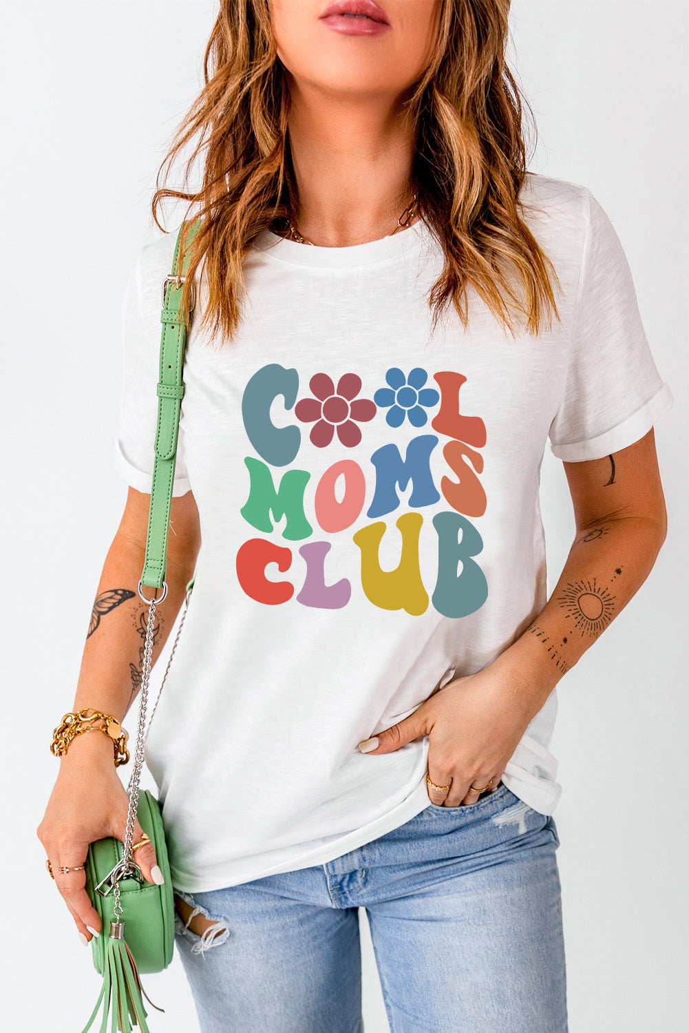 Carter COOL MOMS CLUB Flower Print Crew Neck T Shirt - Threaded Pear