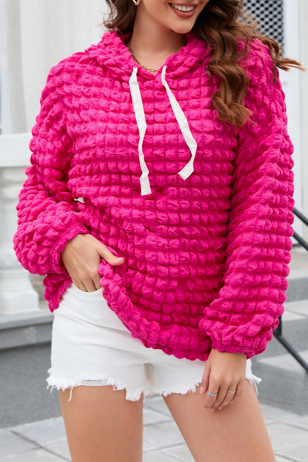 Brynn Bubble Textured Waffle Hoodie - Threaded Pear