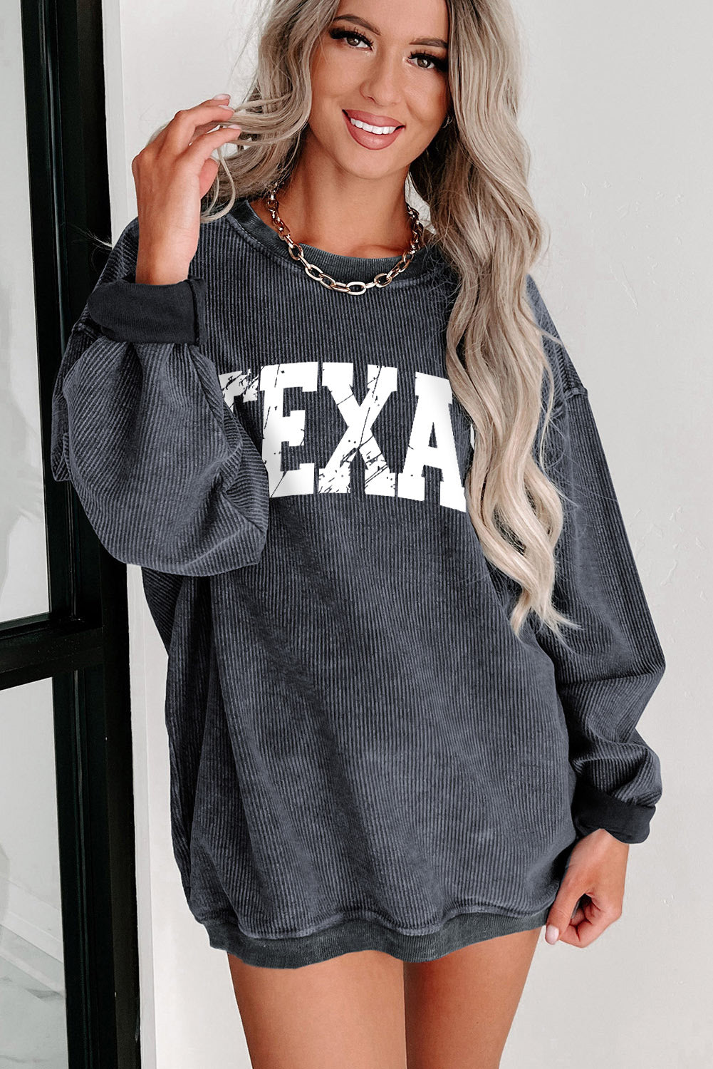 Texas Solid Ribbed Knit Round Neck Pullover Sweatshirt - Threaded Pear