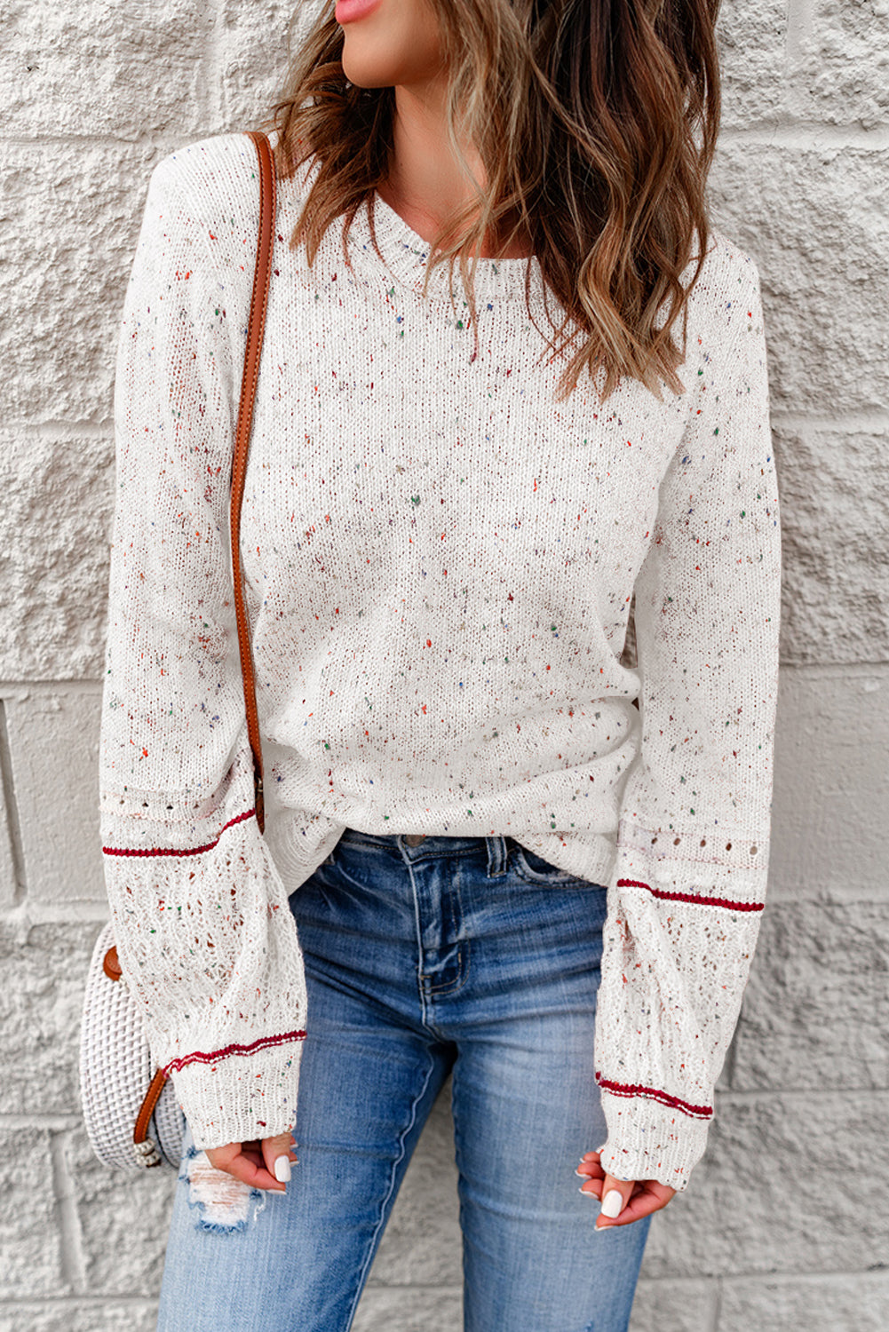 Noelle Detail Patterned Sleeve Sweater - Threaded Pear