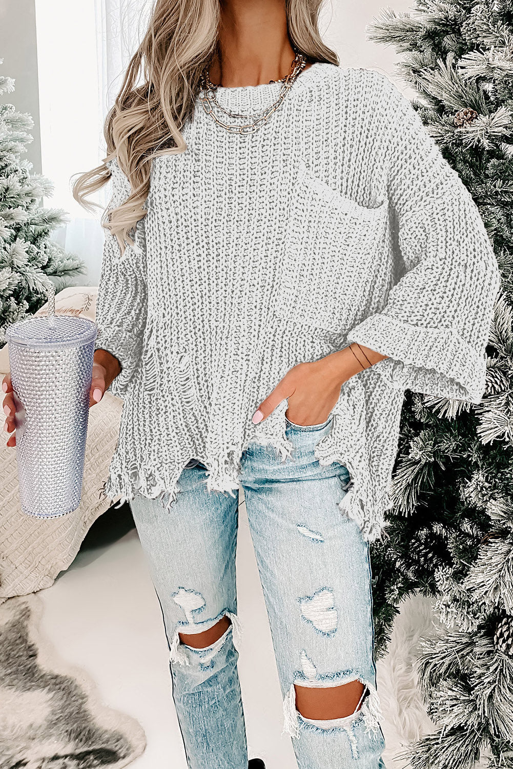 Alina Ripped Raw Hem Chunky Pullover Sweater - Threaded Pear