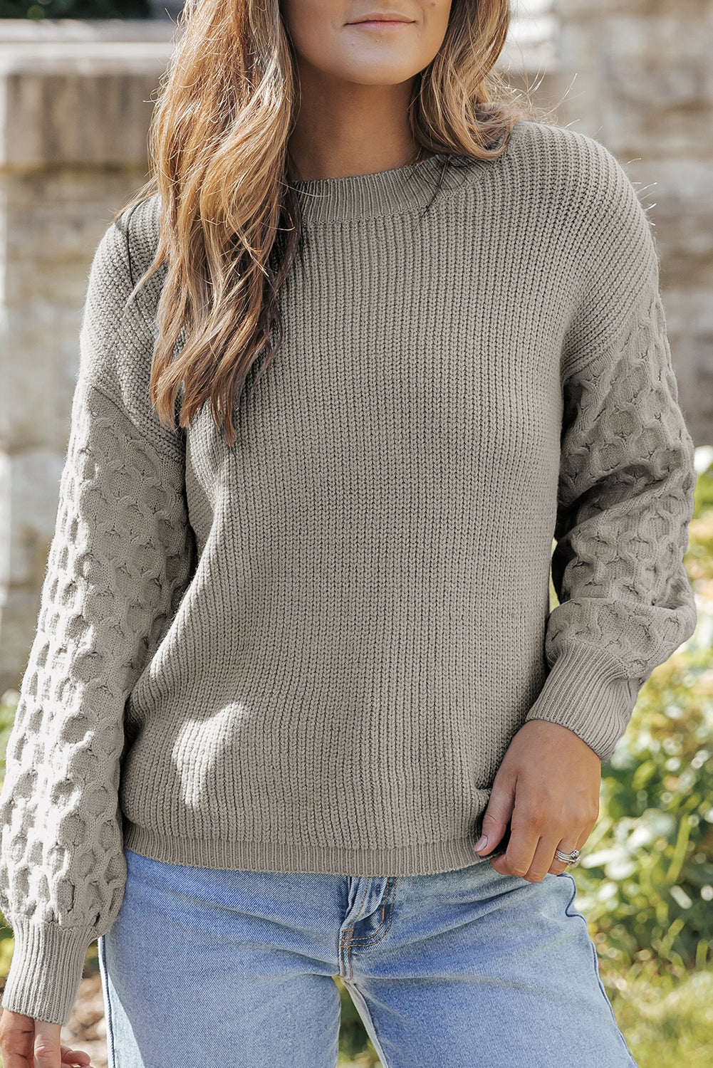 Remi Cable Knit Sleeve Sweater - Threaded Pear