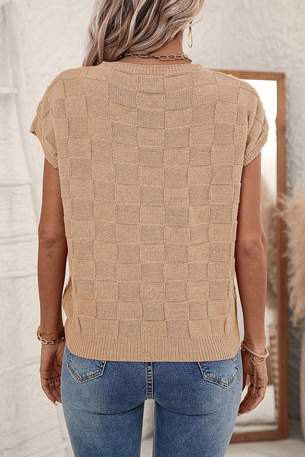 Andrea Lattice Textured Knit Short Sleeve Sweater - Threaded Pear