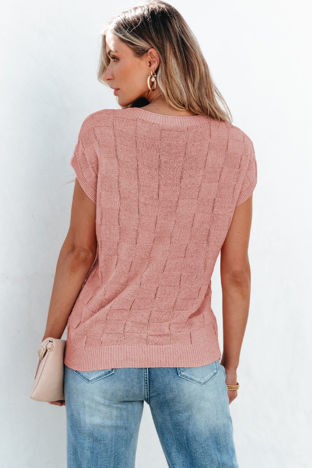 Andrea Lattice Textured Knit Short Sleeve Sweater - Threaded Pear