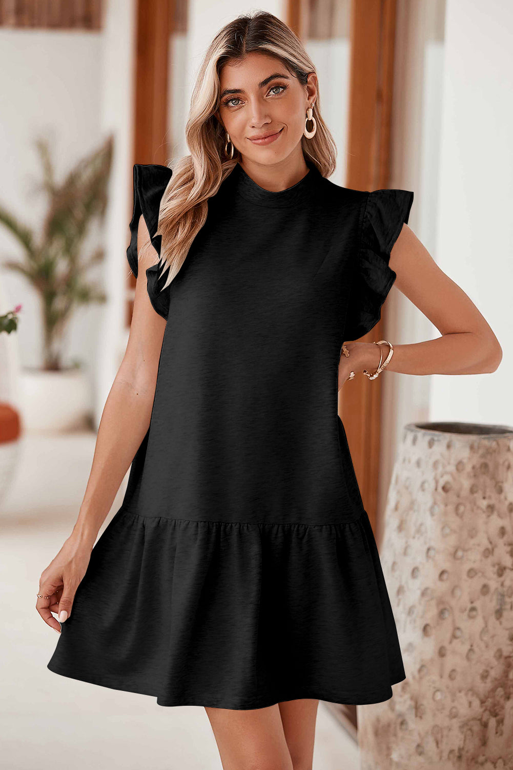 Baylor Flutter Sleeve Crew Neck Shift Dress - Threaded Pear