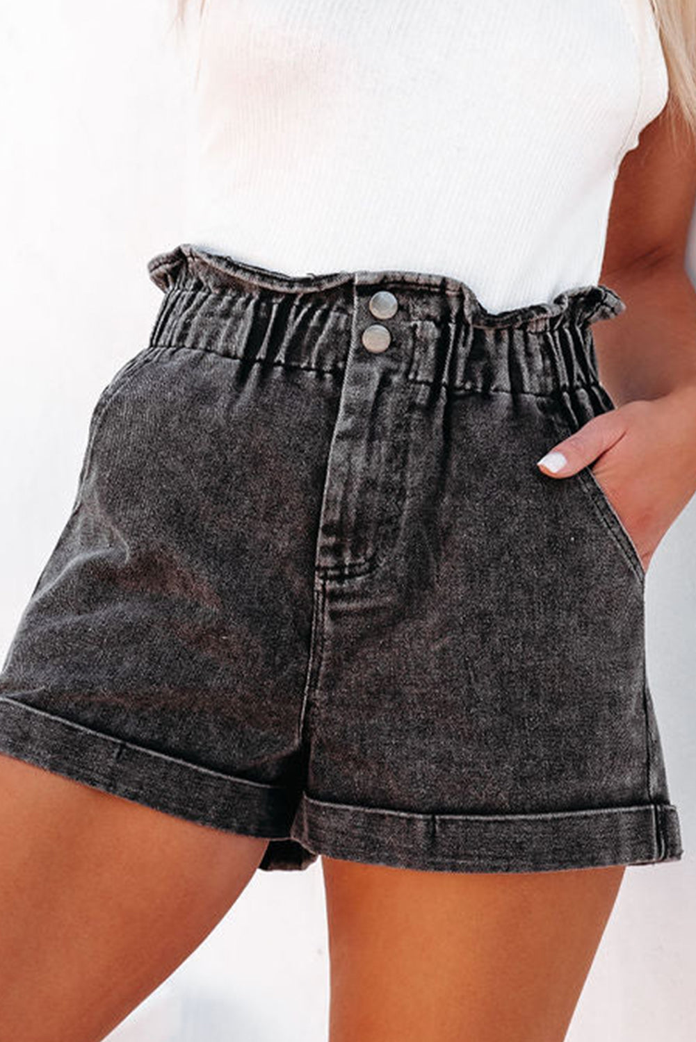 Melany Vintage Washed Frilled High Waist Denim Shorts - Threaded Pear