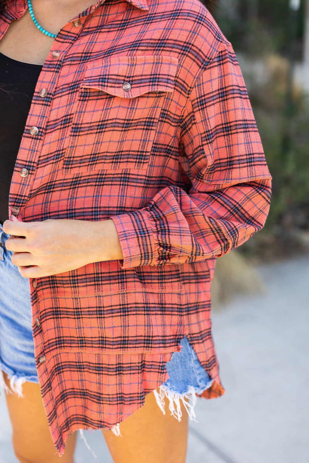 Plaid Long Sleeve Side Split Distressed Shirt