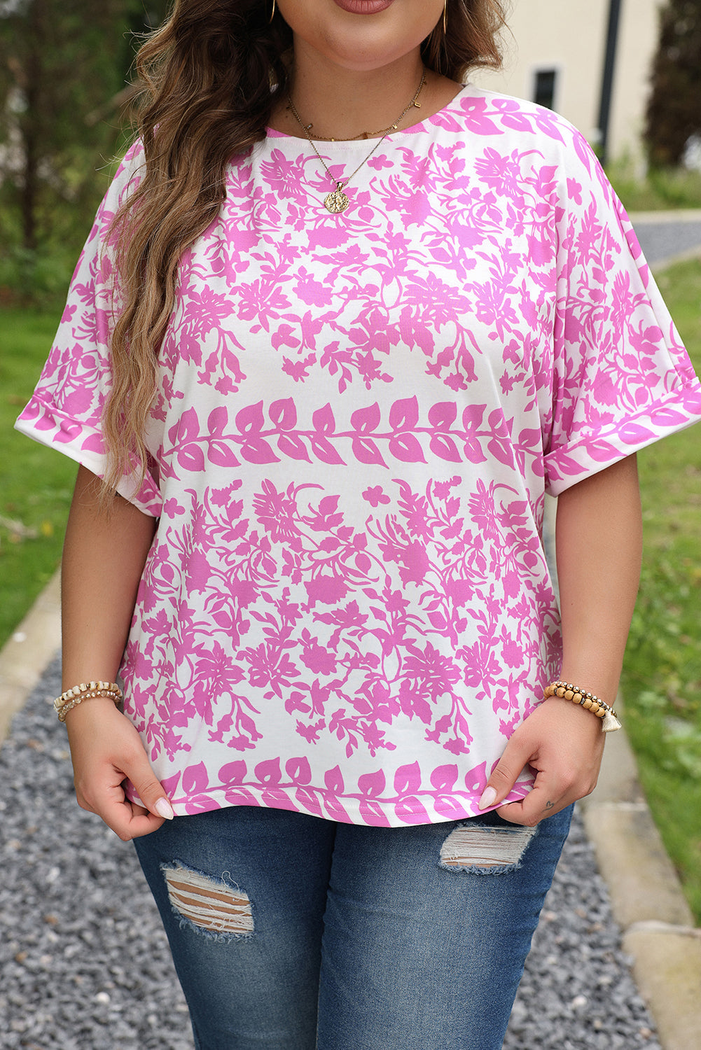 Floral Curved Hem Plus Size Top