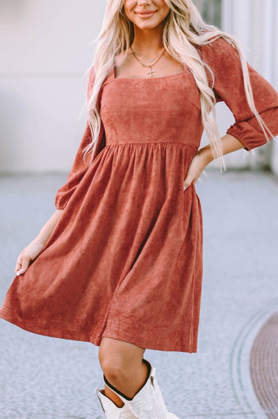 Kaylee Suede Square Neck Puff Sleeve Dress - Threaded Pear