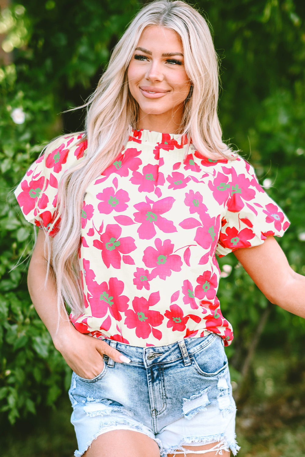 Floral Puff Sleeve Frilled Neckline Blouse