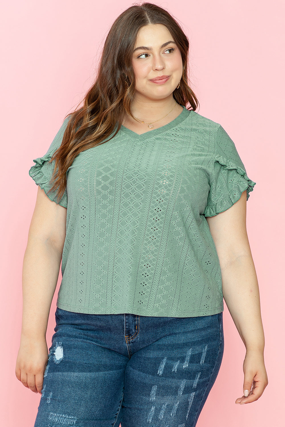 Lakelynn Petal Sleeve Jacquard V Neck Curvy Blouse - Threaded Pear