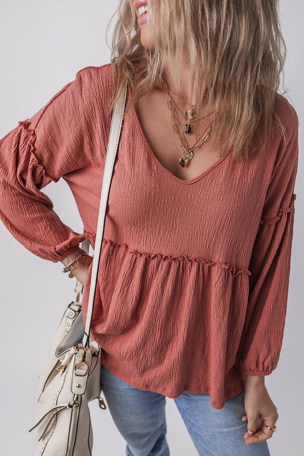 Rowan Textured Frilled Trim Puff Sleeve Blouse