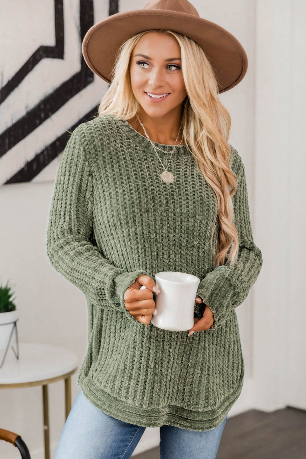 Lena Long Sleeve Round Hem Cable Knit Sweater - Threaded Pear