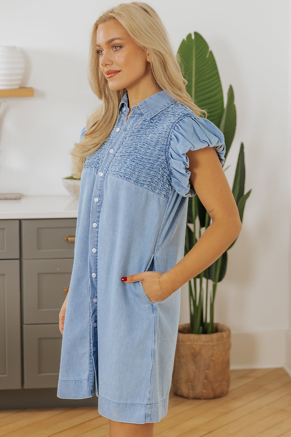 Vanessa Flutter Sleeve Button Up Denim Dress