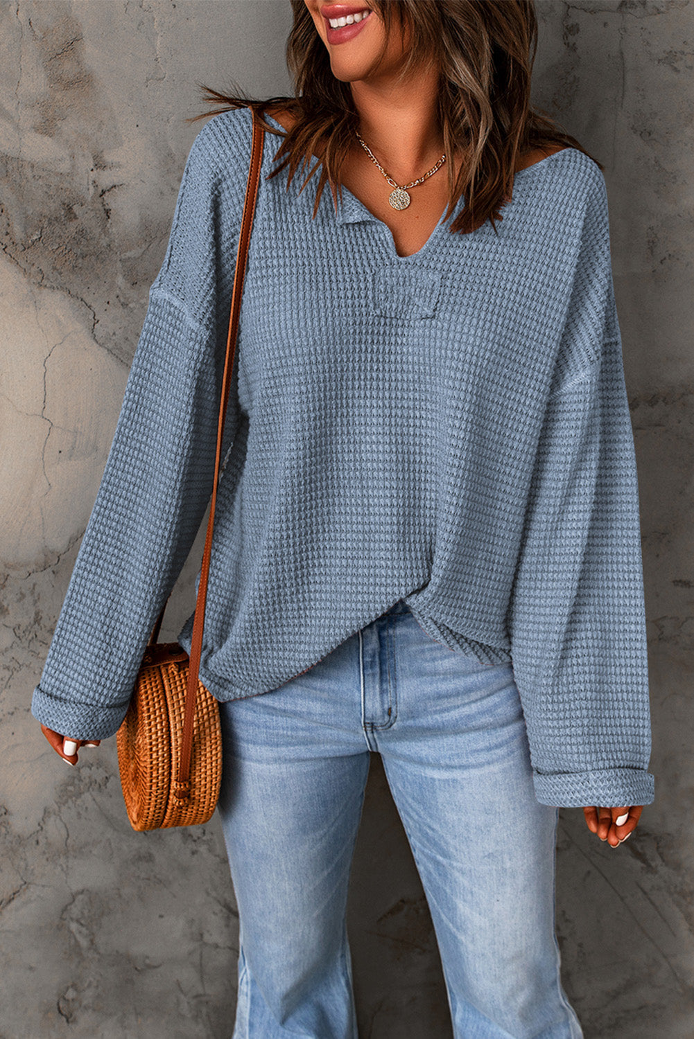 Rylie Waffle Knit Loose Long Sleeve Top - Threaded Pear