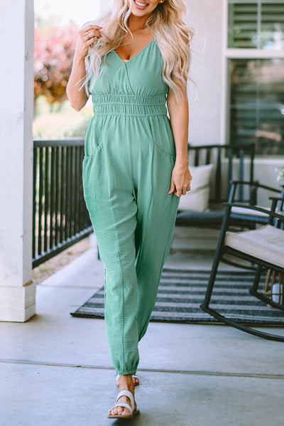 Analia Shirred High Waist Sleeveless V Neck Jumpsuit - Threaded Pear