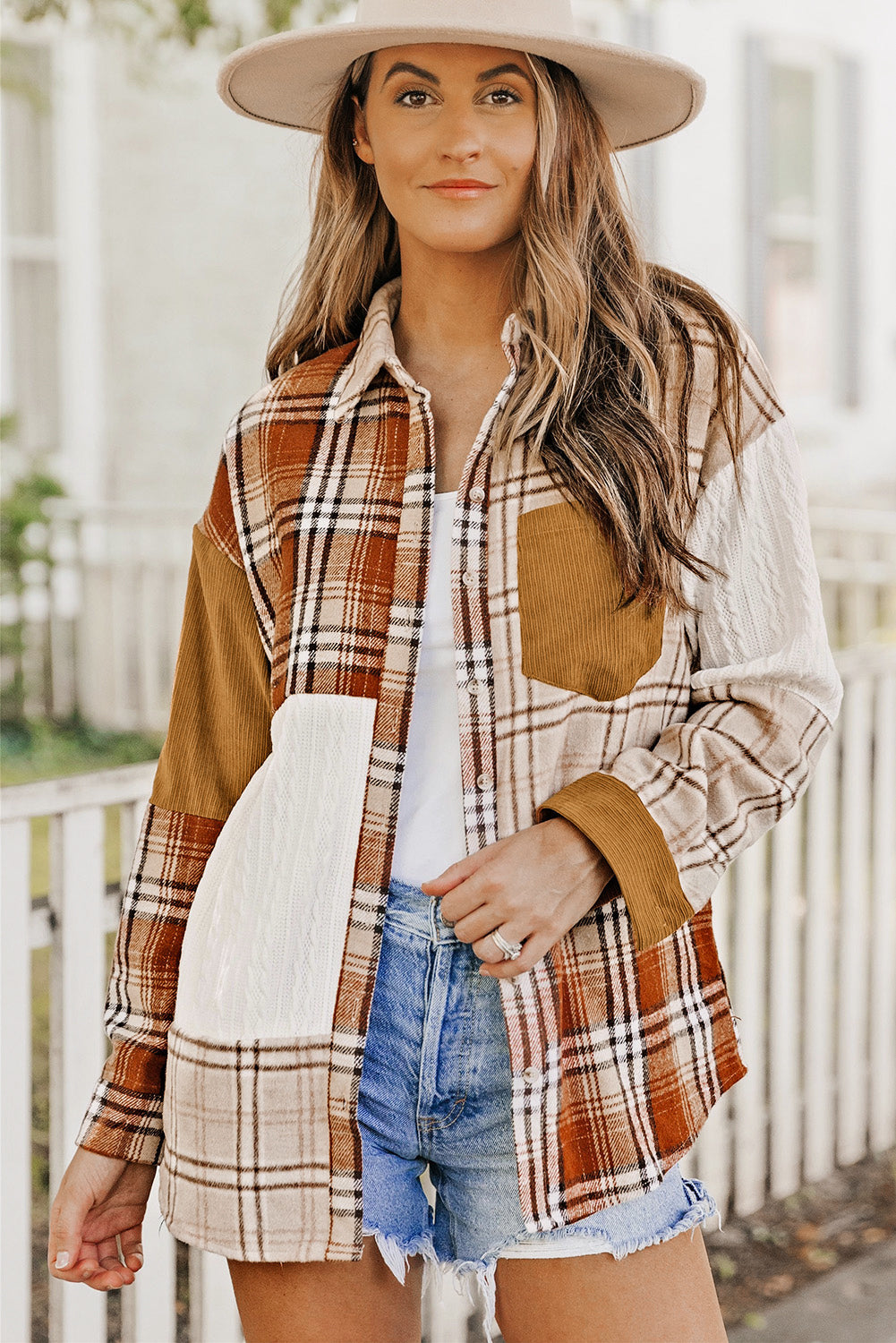 Sutton Plaid Color Block Patchwork Shirt Jacket with Pocket - Threaded Pear