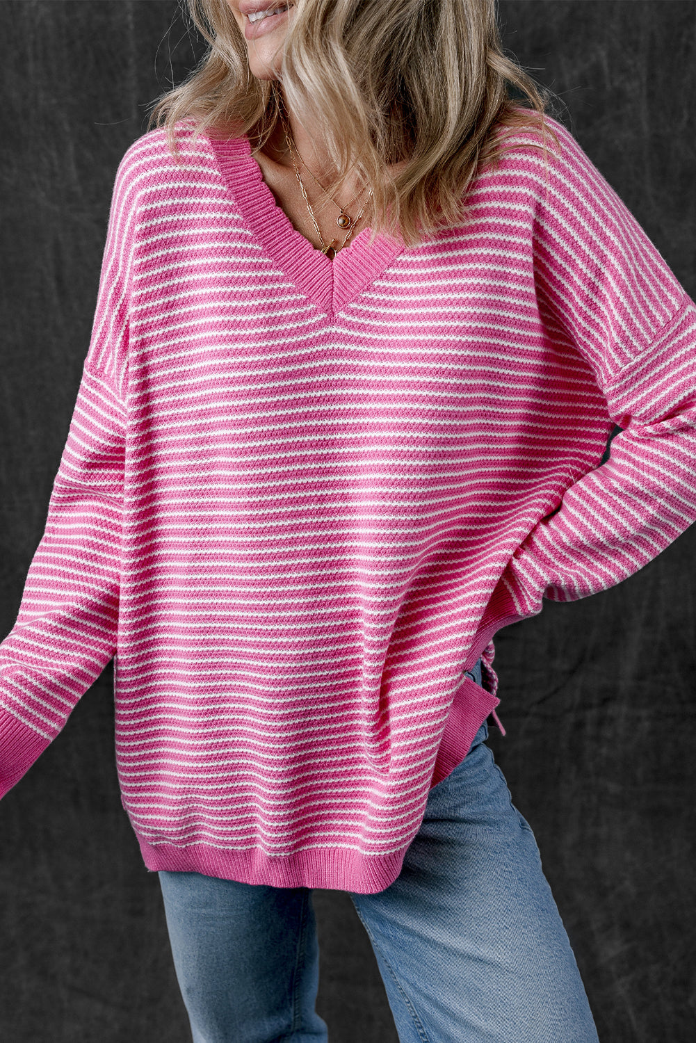 Alana Striped Scallop V Neck Loose Sweater