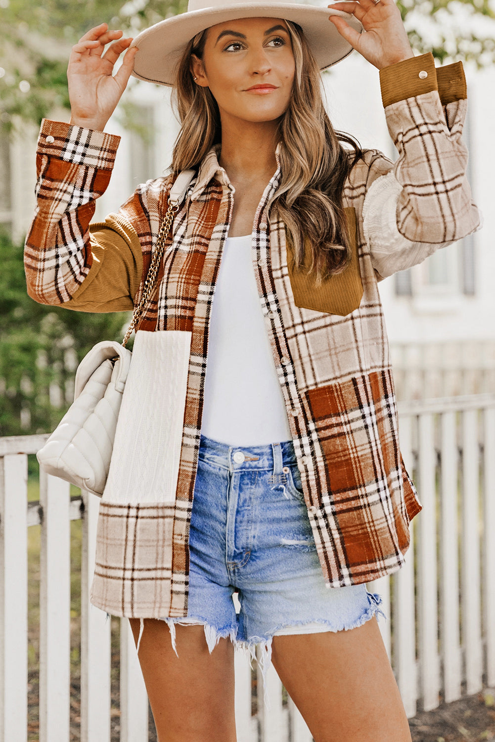 Sutton Plaid Color Block Patchwork Shirt Jacket with Pocket - Threaded Pear