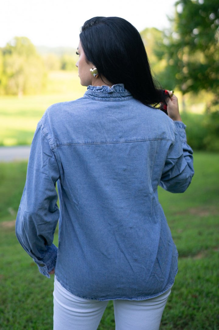 Ruffled Long Sleeve Buttoned Denim Shirt