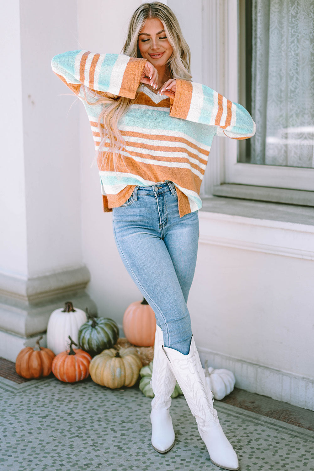 Stripe Long Sleeve Split Sweater