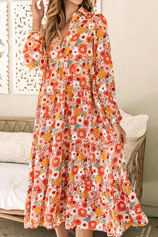 Floral Collared Long Sleeve Ruffled Dress