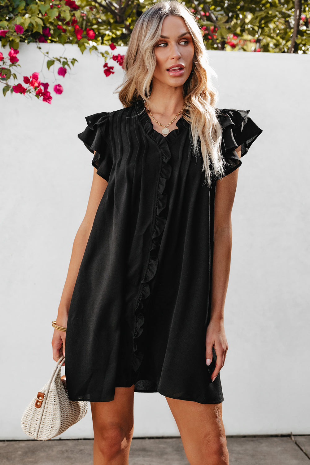 Pearl Ruffle Sleeve V Neck Frilled Shift Dress - Threaded Pear