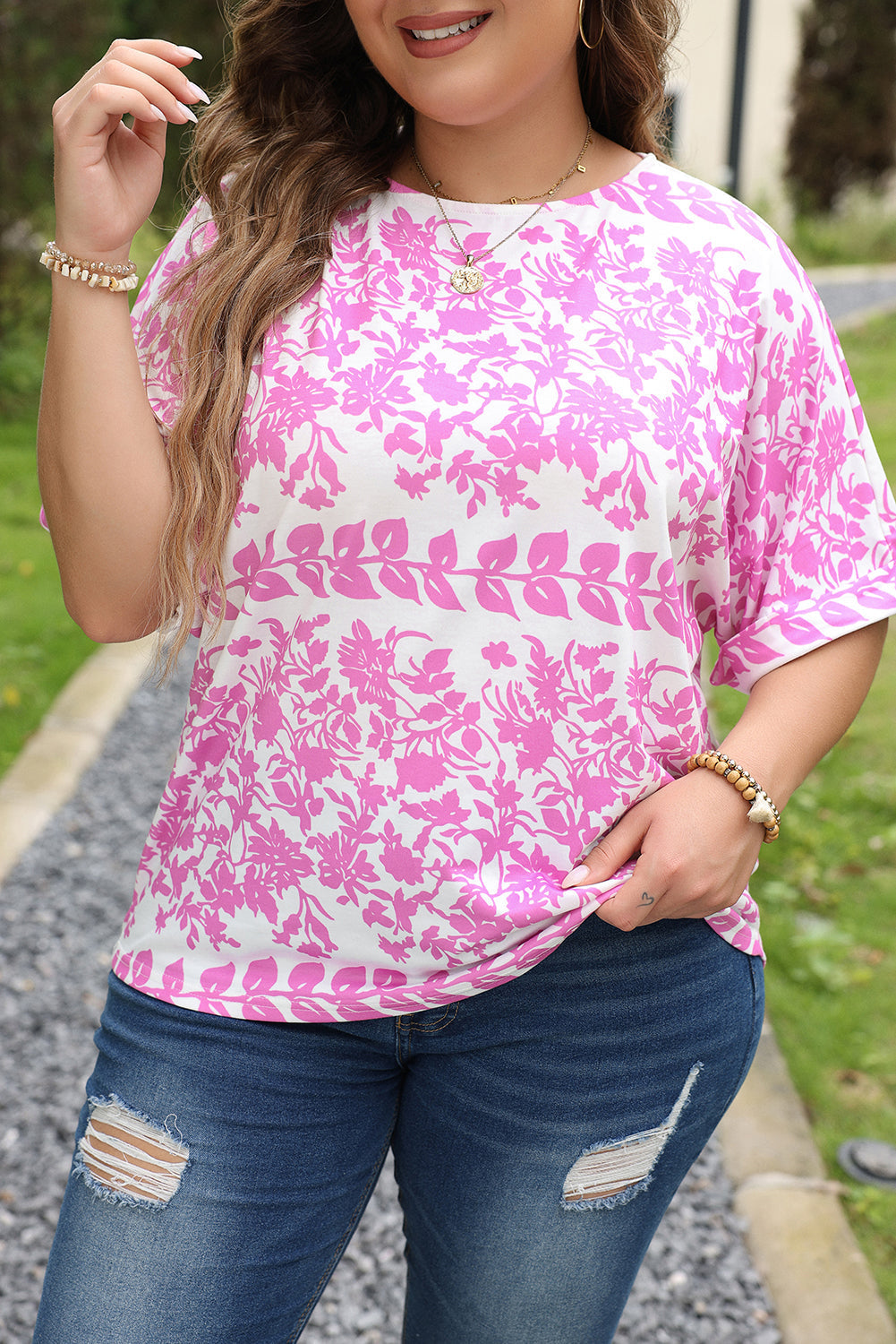 Floral Curved Hem Plus Size Top