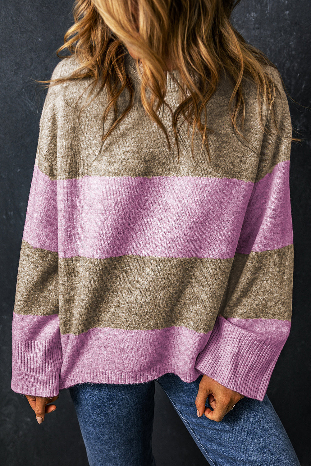 Renata Stripe Crew Neck Wide Sleeve Colorblock Sweater - Threaded Pear