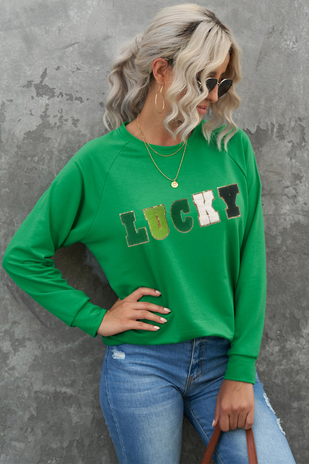 LUCKY Chenille Embroidered Graphic Sweatshirt - Threaded Pear