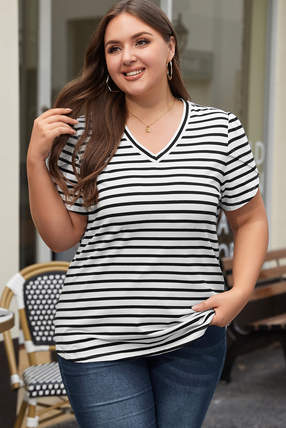 Stripe V Neck Petal Sleeve Plus Size Top