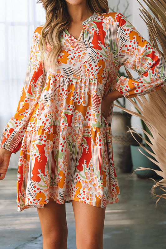 Daniella Split Neck Puff Sleeve Flowy Printed Dress - Threaded Pear